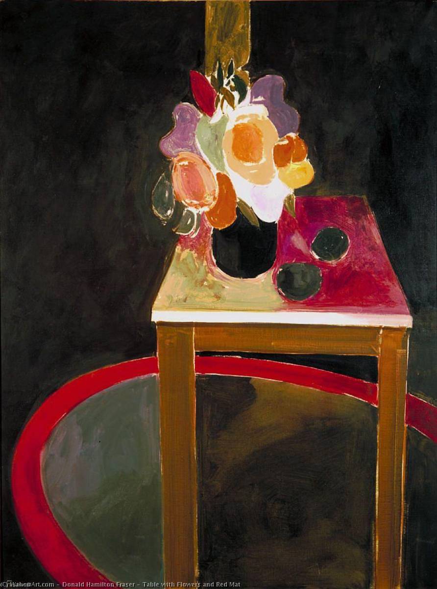 Wikioo.org – La Enciclopedia de las Bellas Artes - Pintura, Obras de arte de Donald Hamilton Fraser - mesa con flores  asícomo  rojo  colchoneta