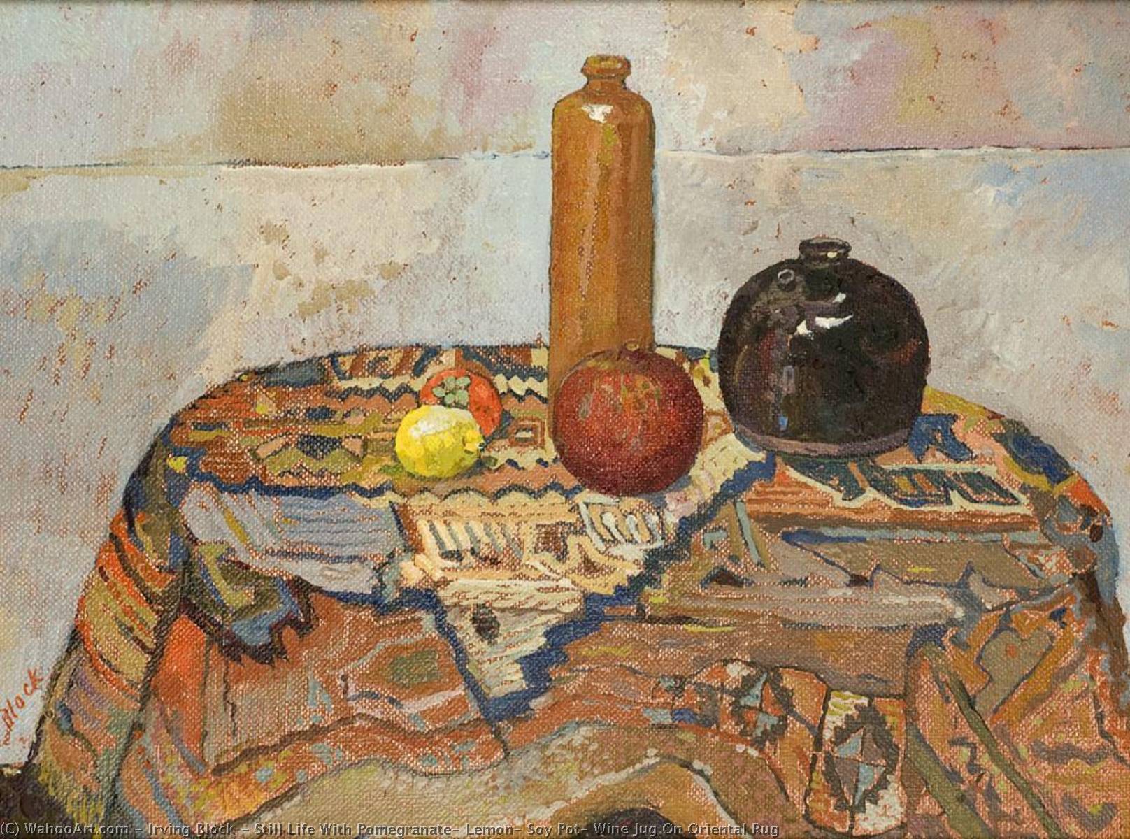 WikiOO.org - Enciclopedia of Fine Arts - Pictura, lucrări de artă Irving Block - Still Life With Pomegranate, Lemon, Soy Pot, Wine Jug On Oriental Rug