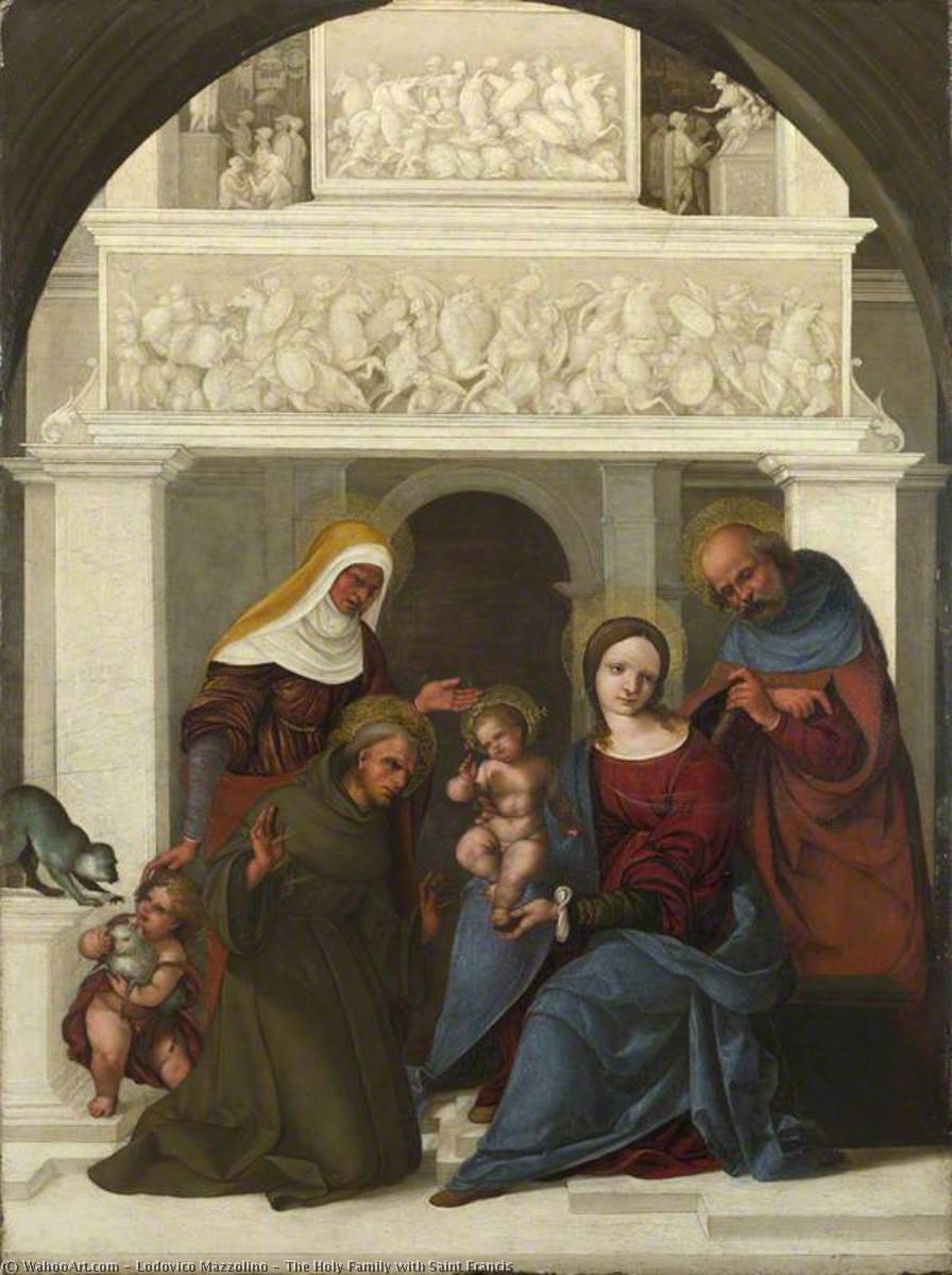 Wikioo.org - The Encyclopedia of Fine Arts - Painting, Artwork by Ludovico Mazzolino - The Holy Family with Saint Francis