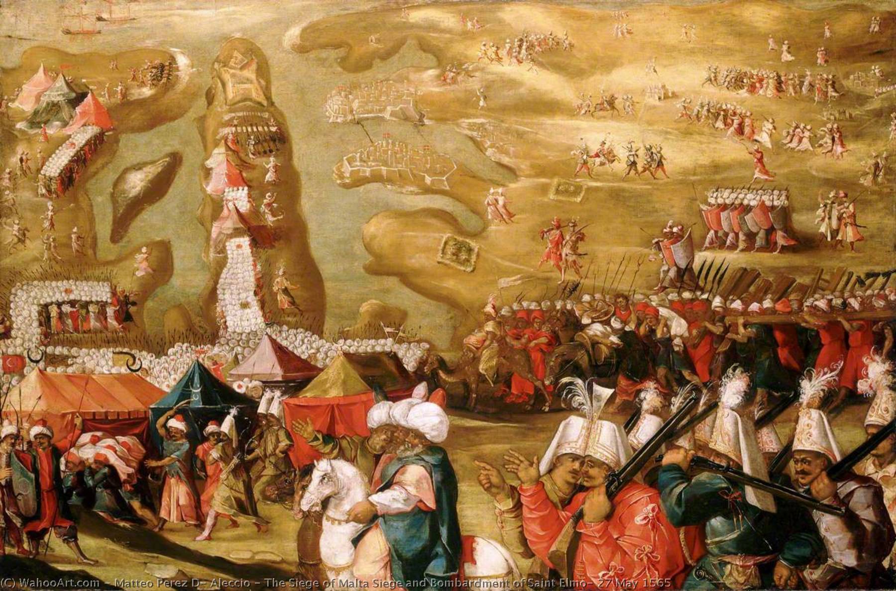 Wikioo.org - The Encyclopedia of Fine Arts - Painting, Artwork by Matteo Perez D' Aleccio - The Siege of Malta Siege and Bombardment of Saint Elmo, 27 May 1565