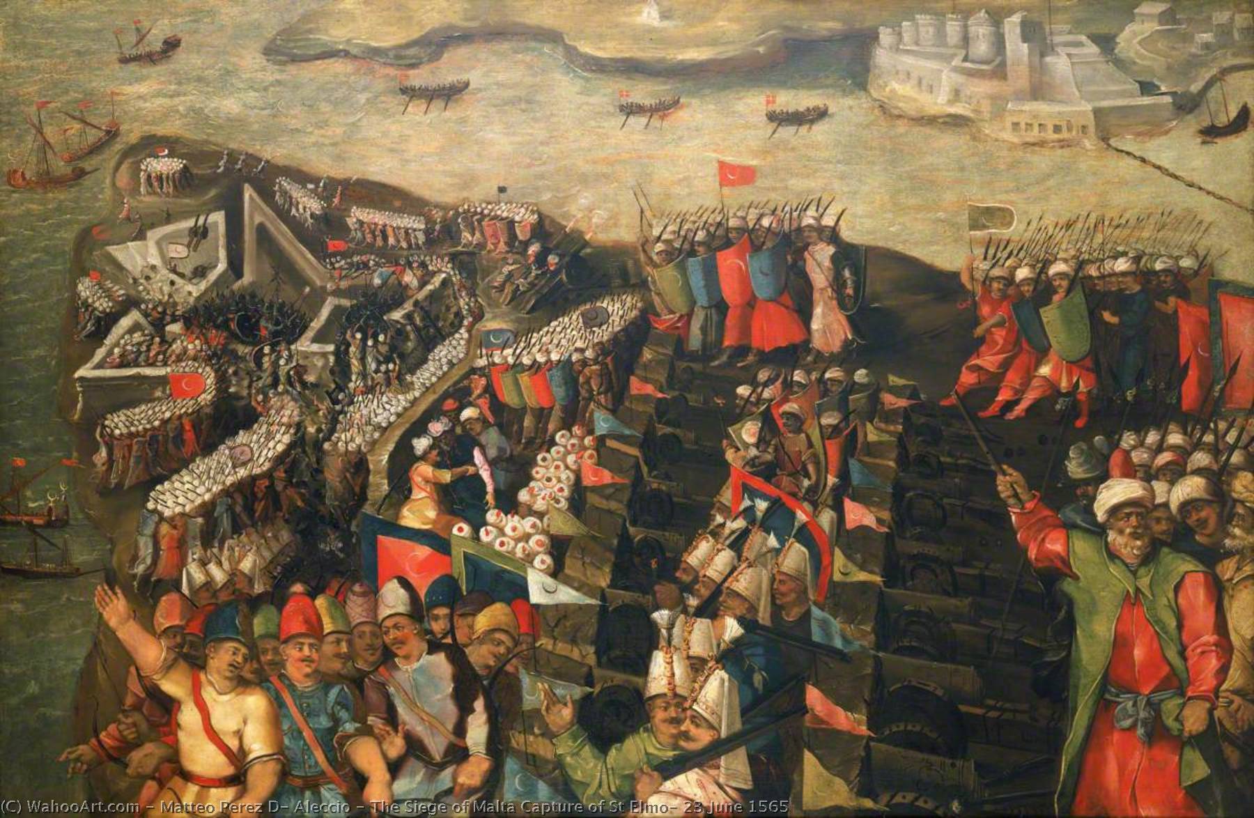 Wikioo.org - The Encyclopedia of Fine Arts - Painting, Artwork by Matteo Perez D' Aleccio - The Siege of Malta Capture of St Elmo, 23 June 1565