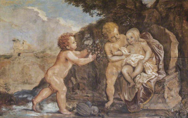 Wikioo.org - The Encyclopedia of Fine Arts - Painting, Artwork by Franz Cleyn - Two Putti Offering a Baby a Bunch of Grapes