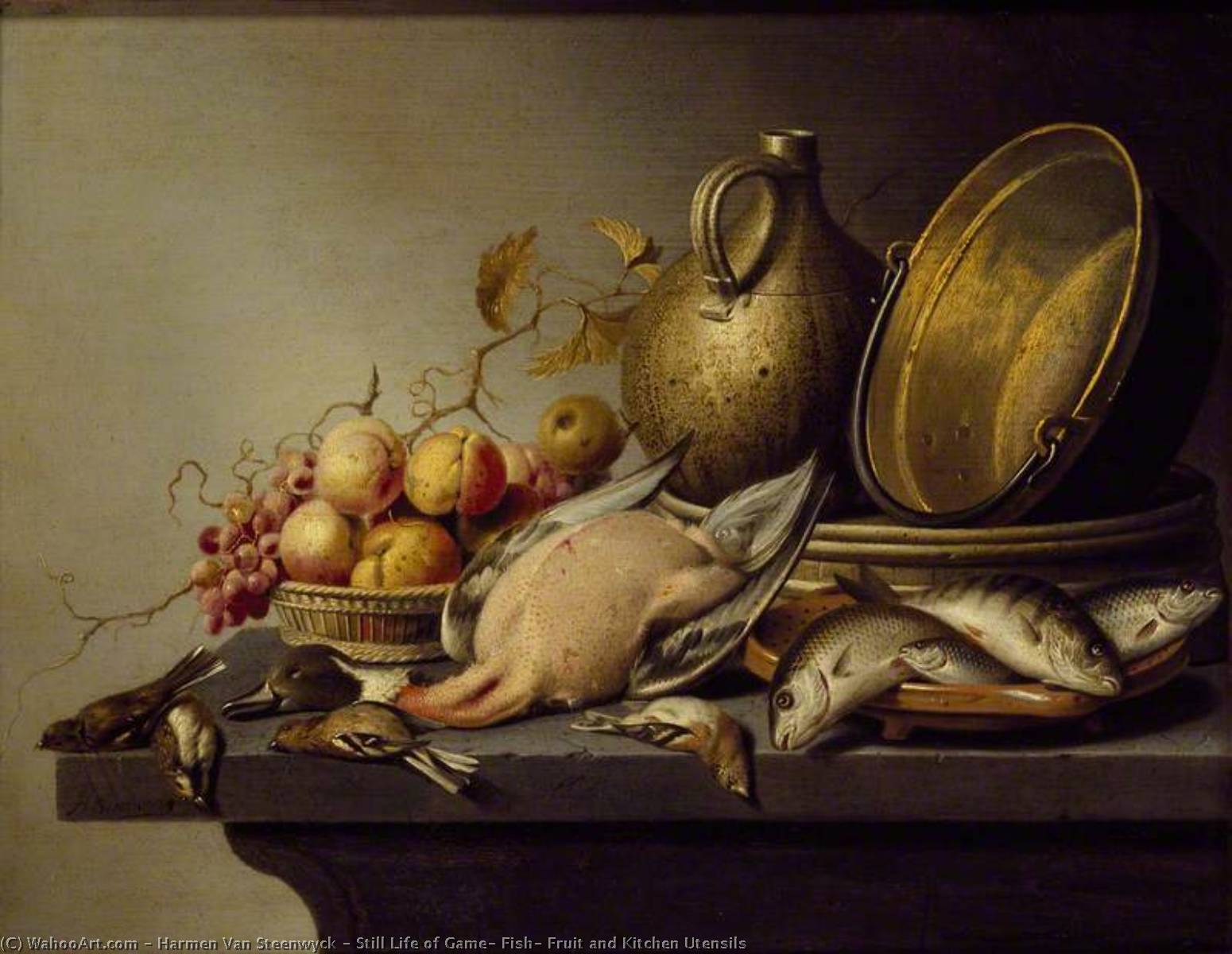 Wikioo.org - The Encyclopedia of Fine Arts - Painting, Artwork by Harmen Van Steenwyck - Still Life of Game, Fish, Fruit and Kitchen Utensils