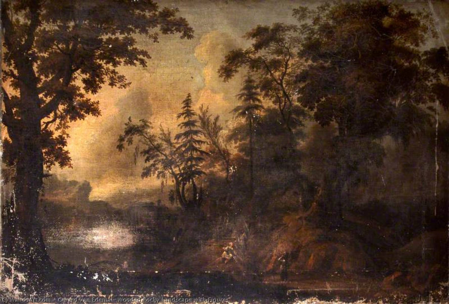Wikioo.org - The Encyclopedia of Fine Arts - Painting, Artwork by Gerard Van Edema - Wooded Rocky Landscape with Figures