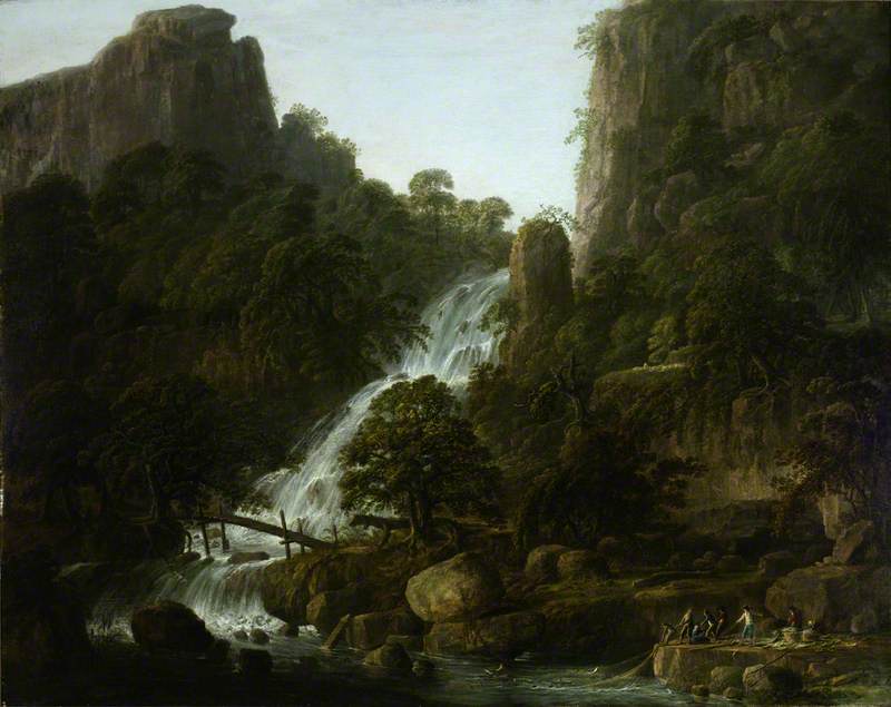 Wikioo.org - The Encyclopedia of Fine Arts - Painting, Artwork by Jonathan Fisher - Landscape with a Waterfall between Cliffs with Peasants Netting Fish in the Foreground
