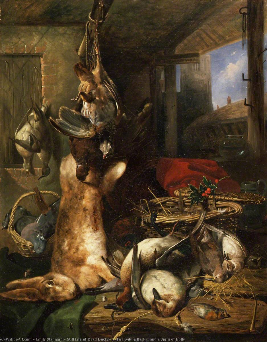 Wikioo.org - The Encyclopedia of Fine Arts - Painting, Artwork by Emily Stannard - Still Life of Dead Ducks, a Hare with a Basket and a Sprig of Holly