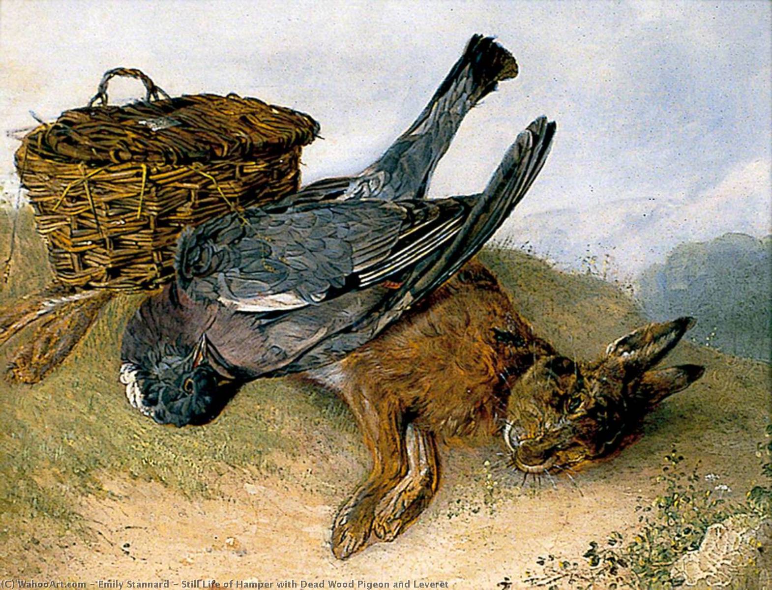Wikioo.org - The Encyclopedia of Fine Arts - Painting, Artwork by Emily Stannard - Still Life of Hamper with Dead Wood Pigeon and Leveret
