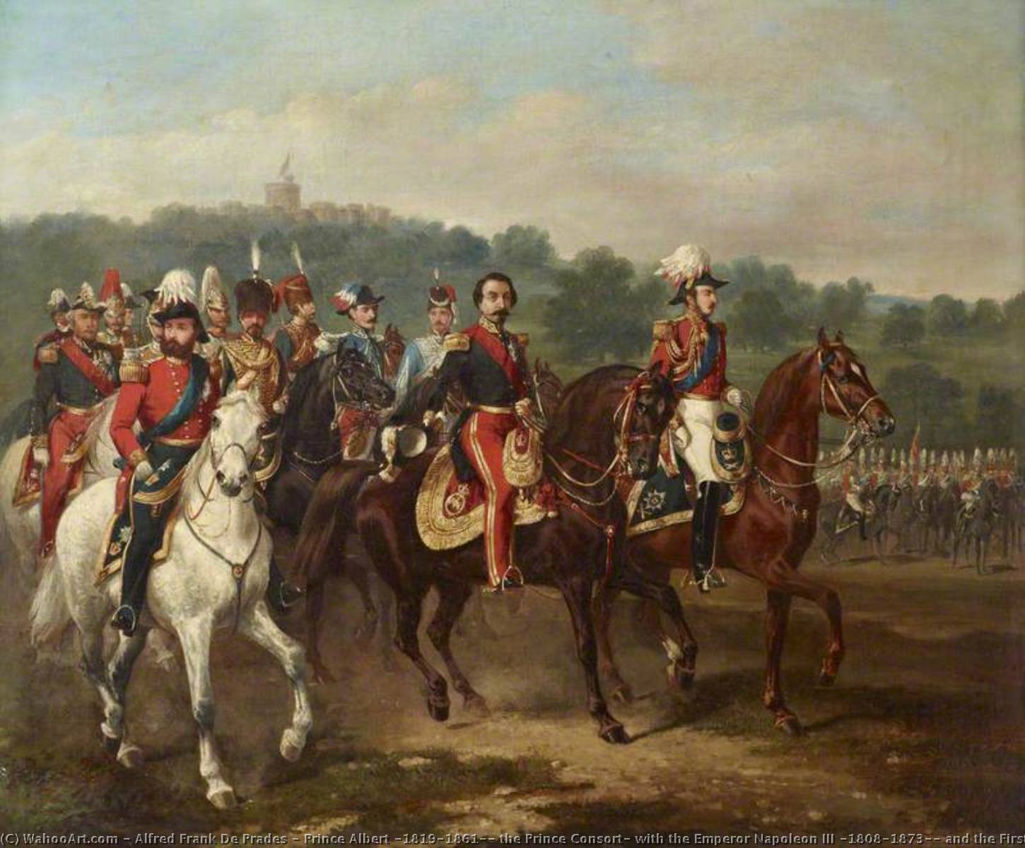 Wikioo.org - The Encyclopedia of Fine Arts - Painting, Artwork by Alfred Frank De Prades - Prince Albert (1819–1861), the Prince Consort, with the Emperor Napoleon III (1808–1873), and the First Life Guards at Windsor, 17 April 1855