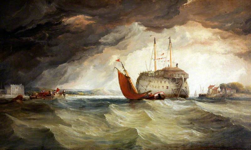 Wikioo.org - The Encyclopedia of Fine Arts - Painting, Artwork by Edward Francis Drew Pritchard - Fishing Boat by a Hulk Ship in an Estuary
