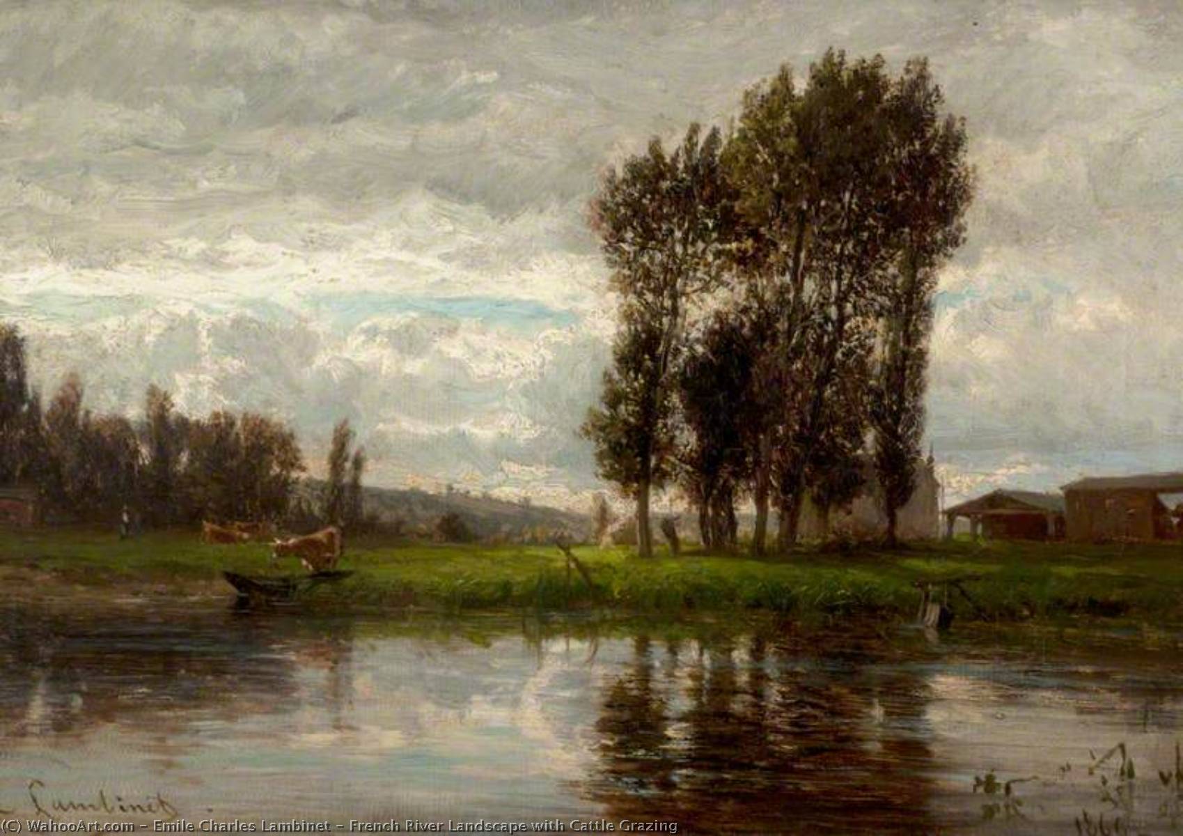 Wikioo.org - The Encyclopedia of Fine Arts - Painting, Artwork by Emile Charles Lambinet - French River Landscape with Cattle Grazing