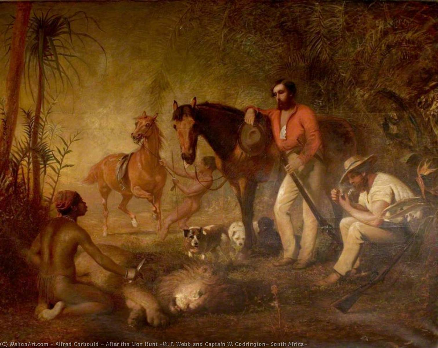 Wikioo.org - The Encyclopedia of Fine Arts - Painting, Artwork by Alfred Corbould - After the Lion Hunt (W. F. Webb and Captain W. Codrington, South Africa)