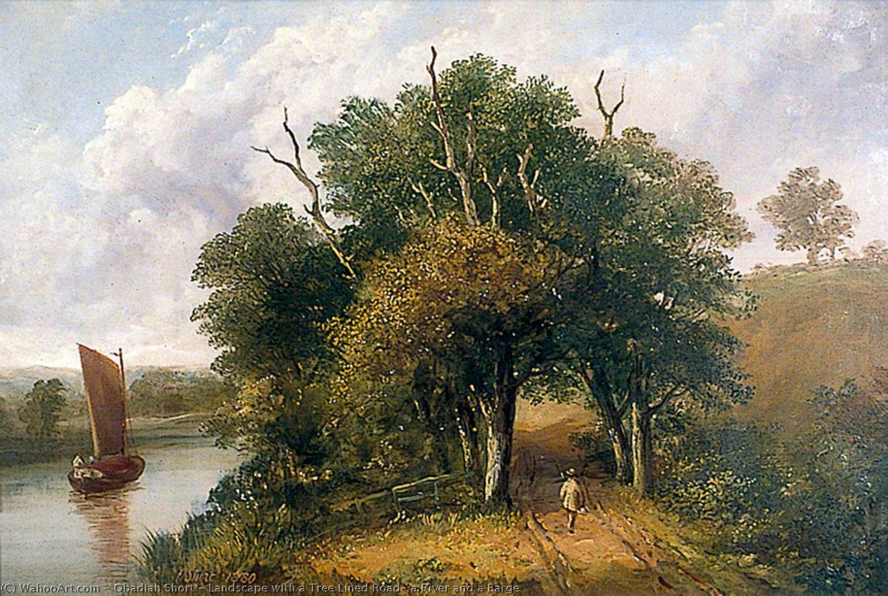Wikioo.org - The Encyclopedia of Fine Arts - Painting, Artwork by Obadiah Short - Landscape with a Tree Lined Road, a River and a Barge