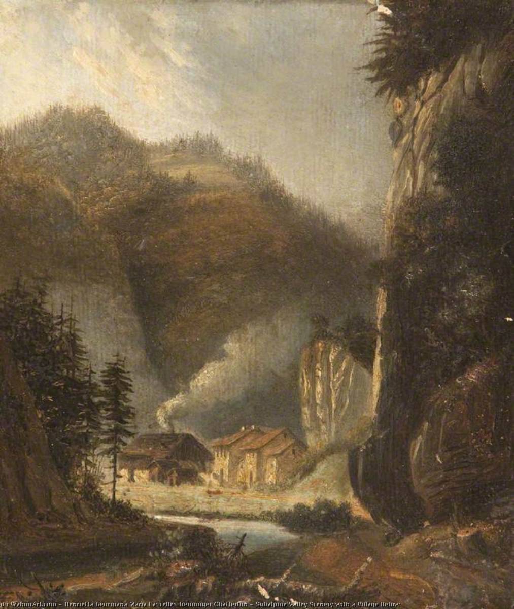 Wikioo.org - The Encyclopedia of Fine Arts - Painting, Artwork by Henrietta Georgiana Maria Lascelles Iremonger Chatterton - Subalpine Valley Scenery with a Village Below