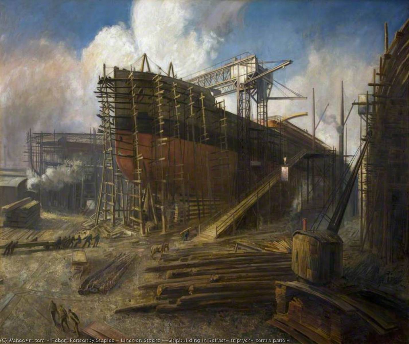 Wikioo.org - The Encyclopedia of Fine Arts - Painting, Artwork by Robert Ponsonby Staples - Liner on Stocks ('Shipbuilding in Belfast' triptych, centre panel)