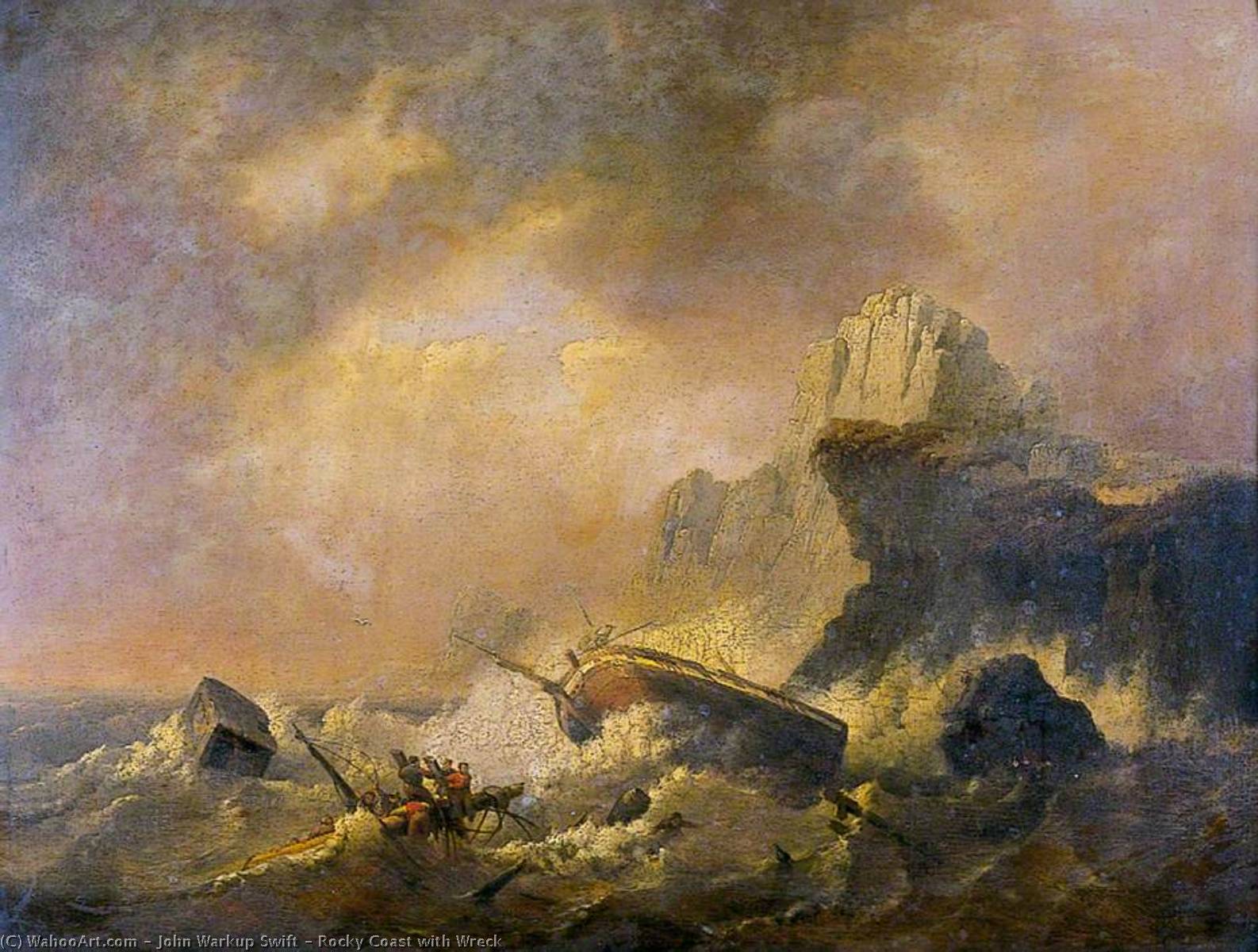 Wikioo.org - The Encyclopedia of Fine Arts - Painting, Artwork by John Warkup Swift - Rocky Coast with Wreck