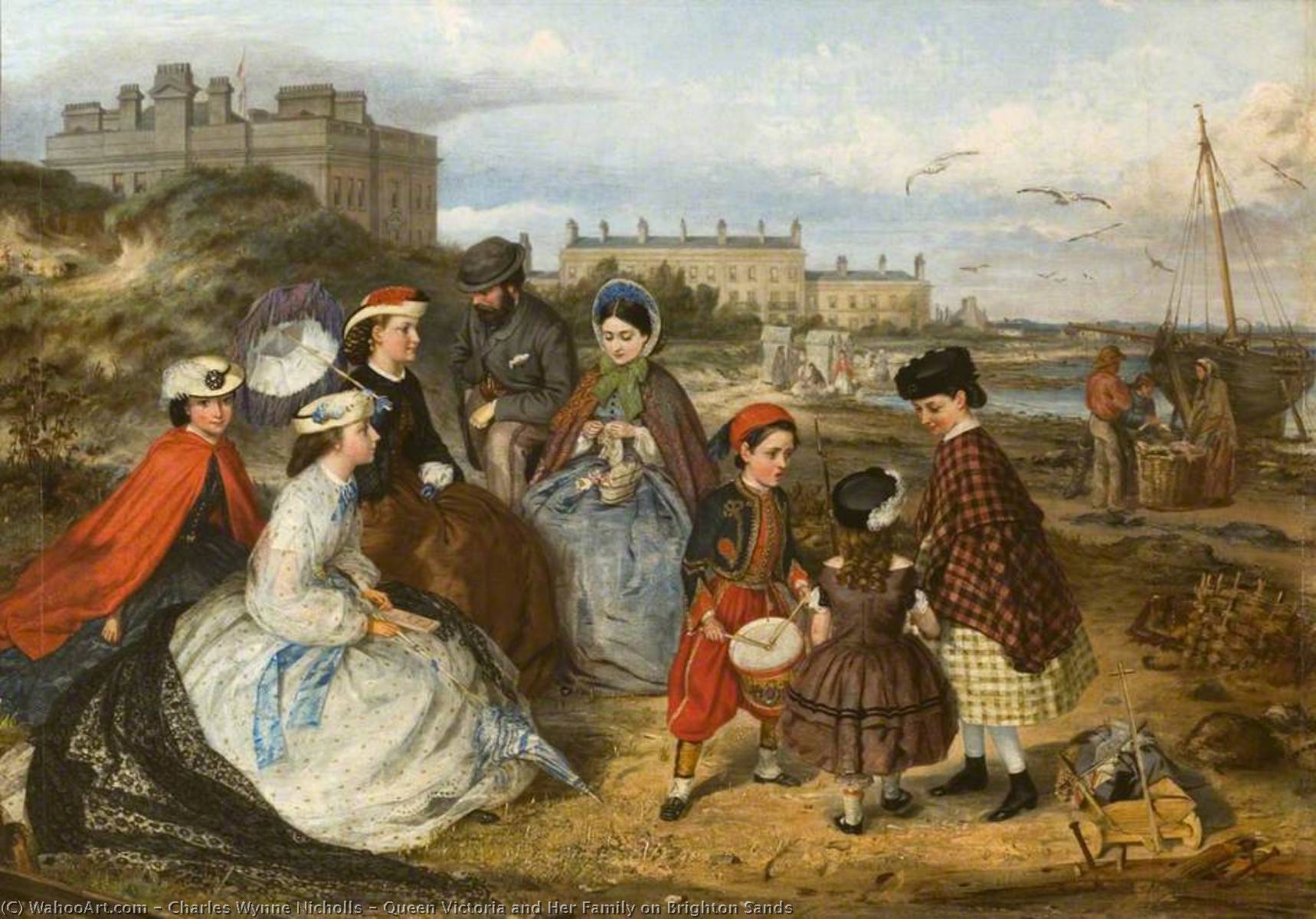 Wikioo.org - The Encyclopedia of Fine Arts - Painting, Artwork by Charles Wynne Nicholls - Queen Victoria and Her Family on Brighton Sands