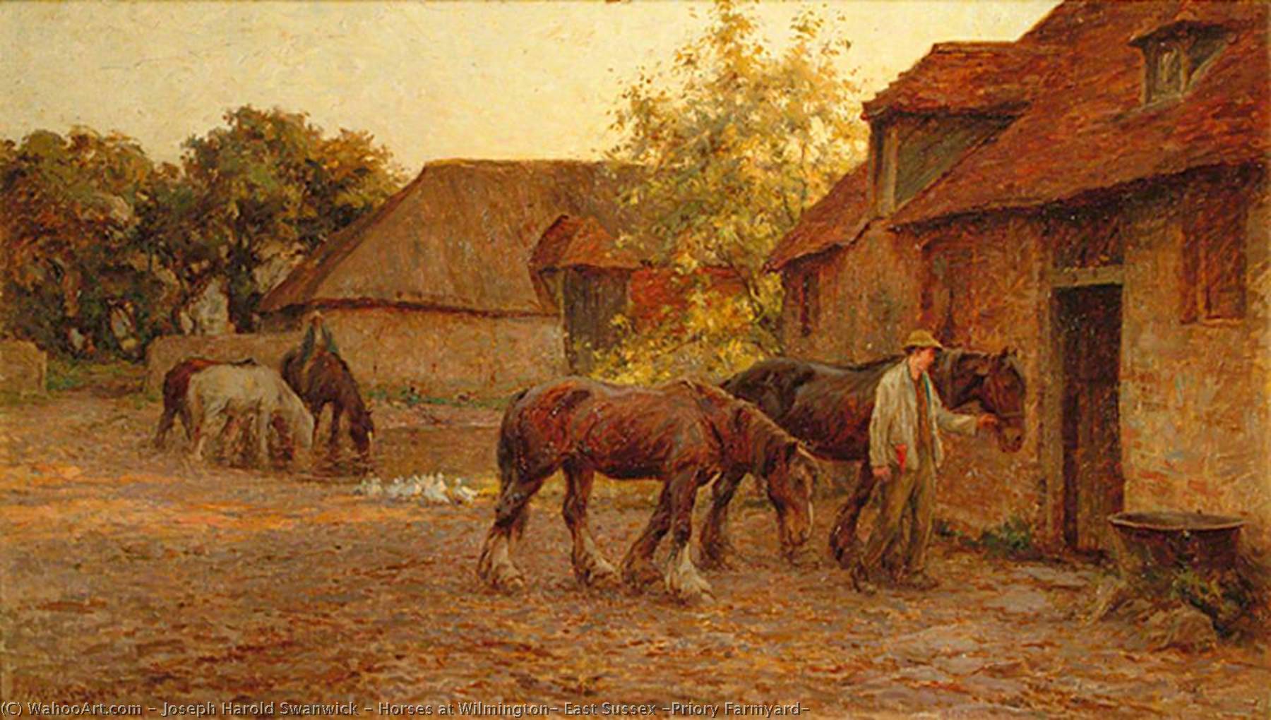 Wikioo.org - The Encyclopedia of Fine Arts - Painting, Artwork by Joseph Harold Swanwick - Horses at Wilmington, East Sussex (Priory Farmyard)
