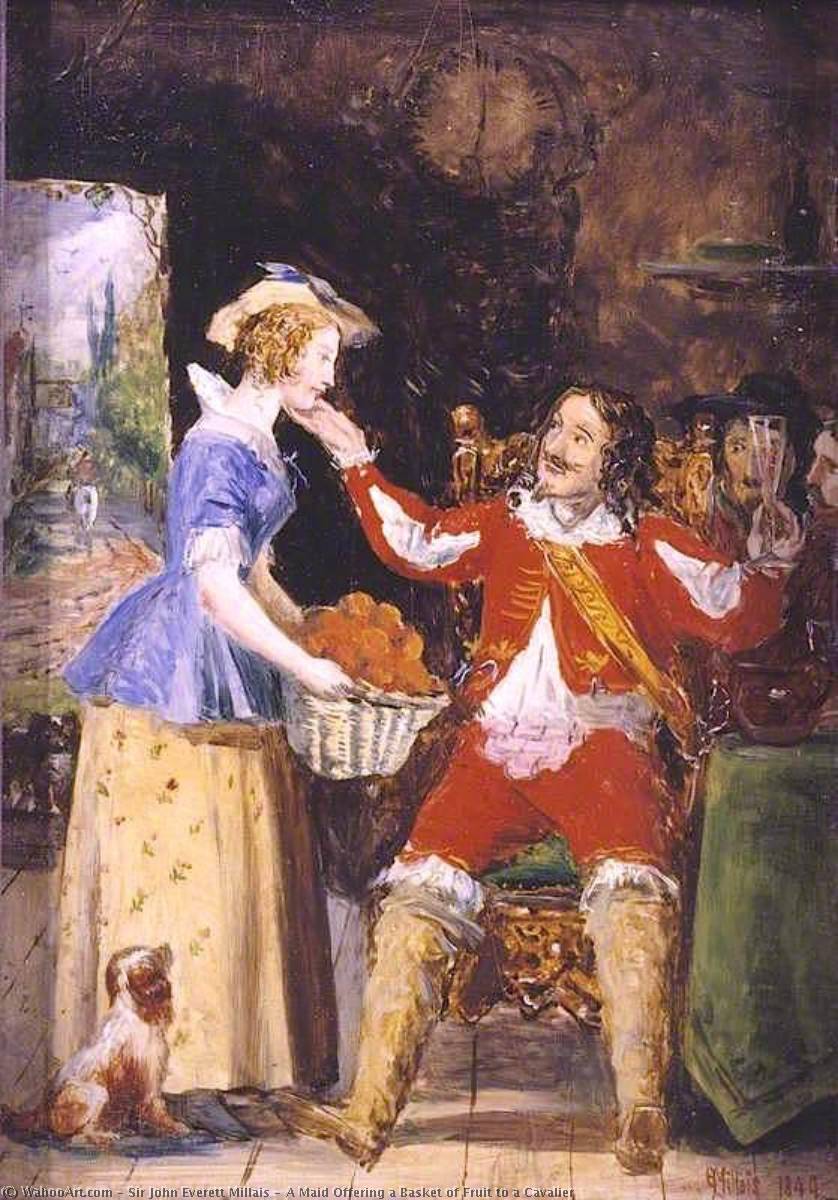 Wikioo.org - The Encyclopedia of Fine Arts - Painting, Artwork by John Everett Millais - A Maid Offering a Basket of Fruit to a Cavalier