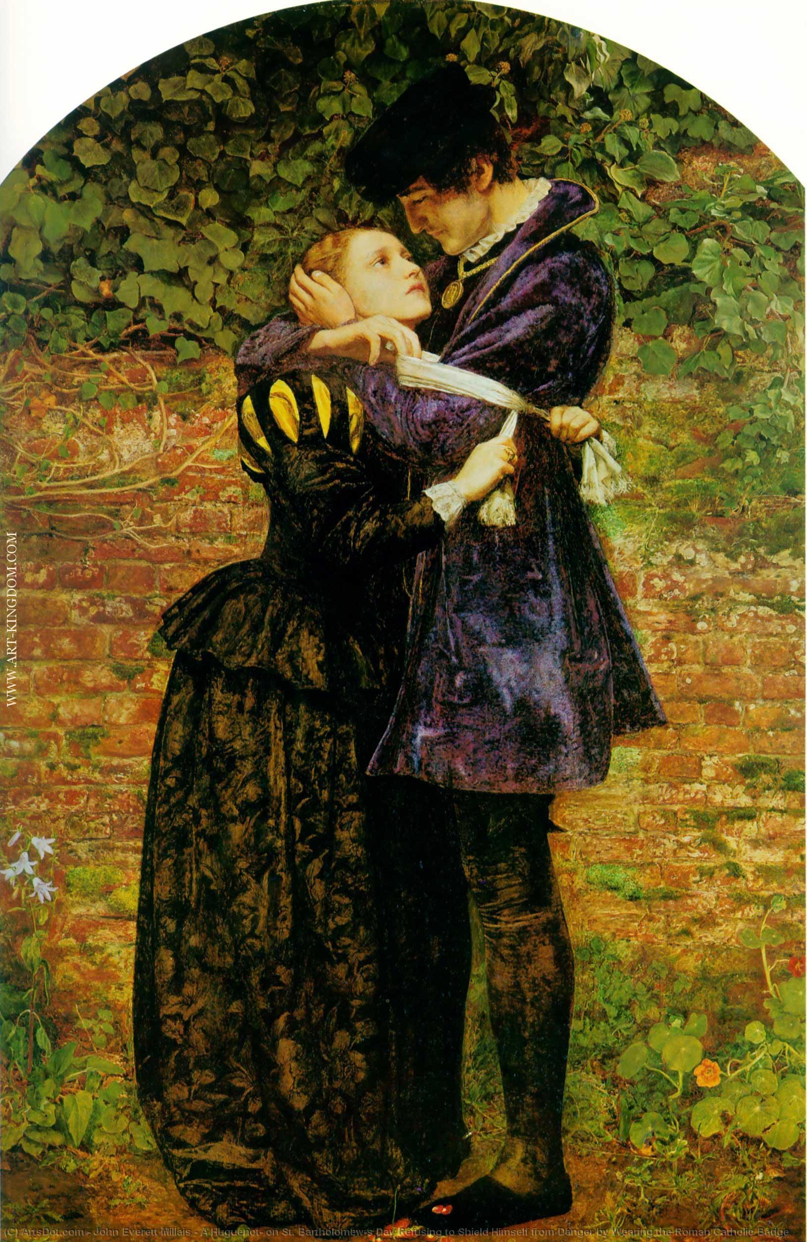 WikiOO.org – 美術百科全書 - 繪畫，作品 John Everett Millais - 一个 胡格诺 , 在圣 . Bartholomew's 天 拒绝 屏蔽 自己 从 危险 通过 穿着 罗马 天主教的 徽章