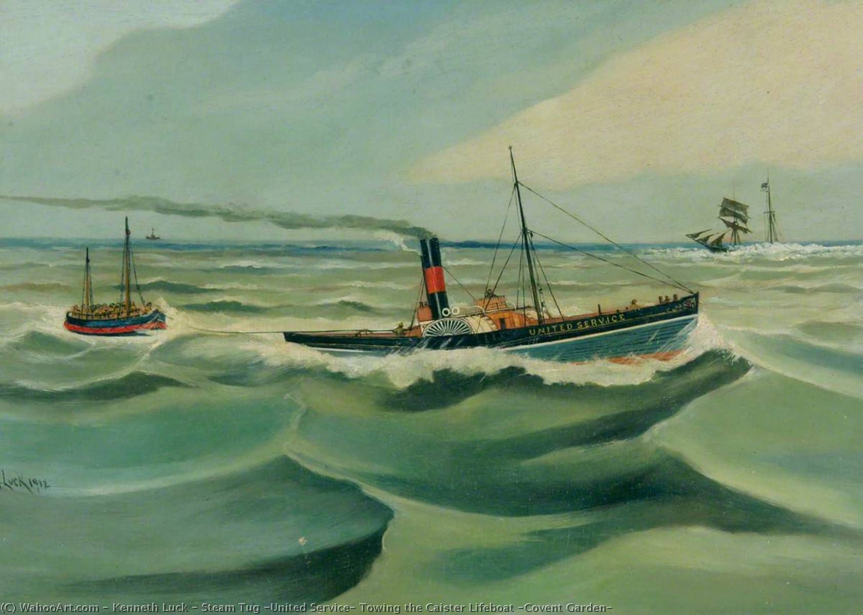 Wikioo.org - The Encyclopedia of Fine Arts - Painting, Artwork by Kenneth Luck - Steam Tug 'United Service' Towing the Caister Lifeboat 'Covent Garden'