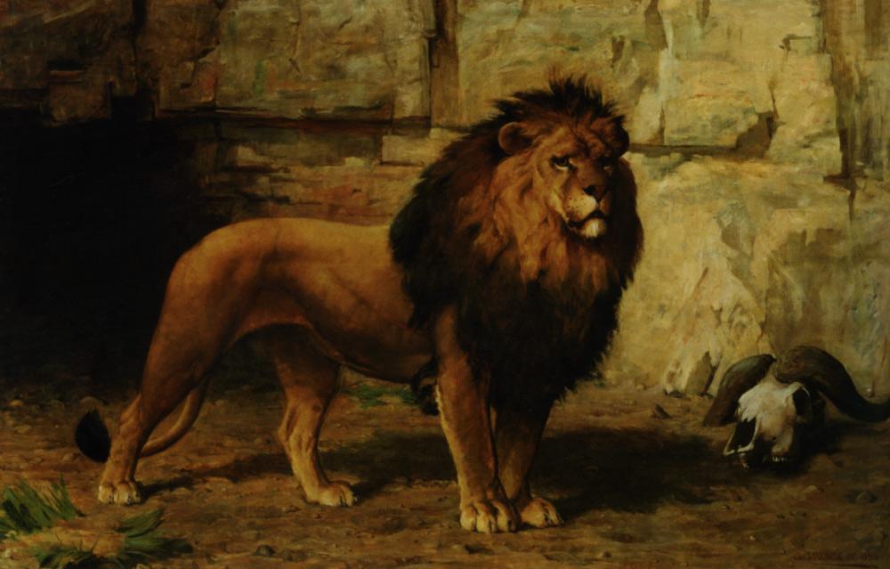 WikiOO.org - Encyclopedia of Fine Arts - Maleri, Artwork George Goodwin Kilburne - Lion Guarding His Den