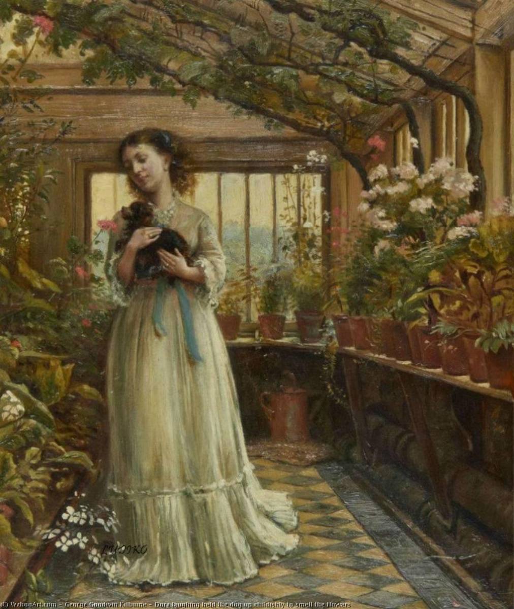 WikiOO.org - Encyclopedia of Fine Arts - Maleri, Artwork George Goodwin Kilburne - Dora laughing held the dog up childishly to smell the flowers