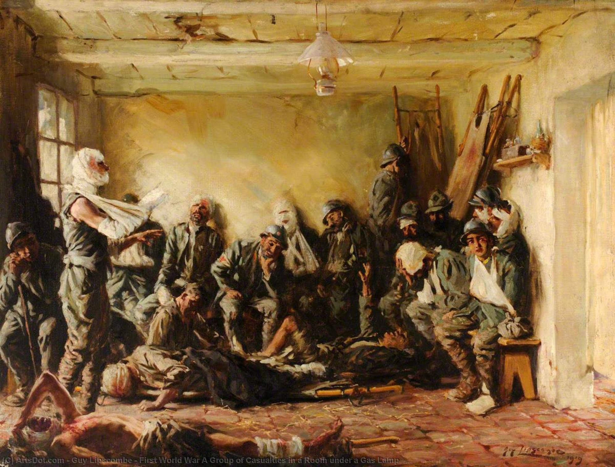 Wikioo.org - The Encyclopedia of Fine Arts - Painting, Artwork by Guy Lipscombe - First World War A Group of Casualties in a Room under a Gas Lamp