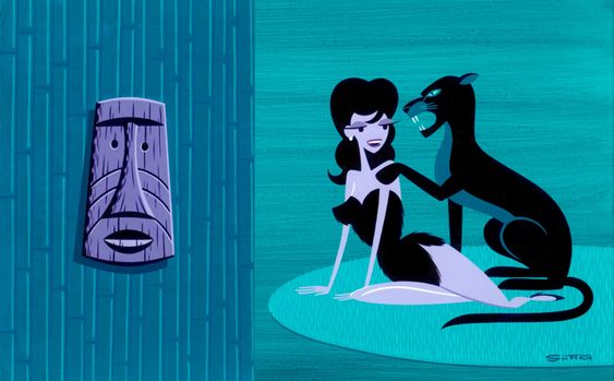 Wikioo.org - The Encyclopedia of Fine Arts - Painting, Artwork by Josh Agle (Shag) - Pinup with panther and spirit mask