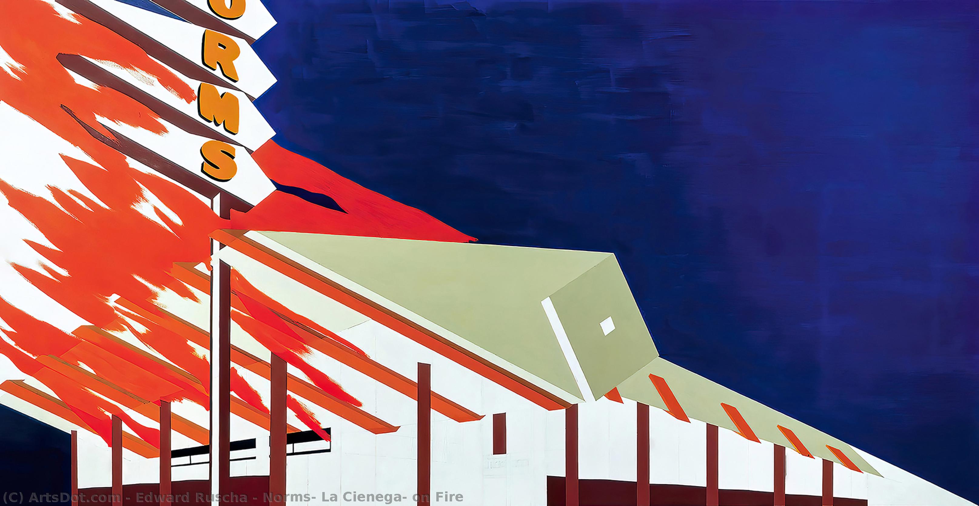 Wikioo.org - The Encyclopedia of Fine Arts - Painting, Artwork by Edward Ruscha - Norm's, La Cienega, on Fire