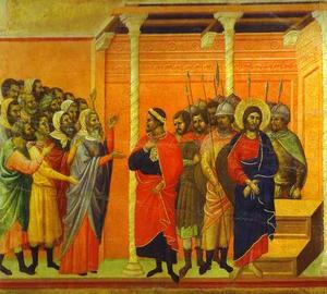 maestó ( 回 , 中央面板 ) , 耶稣被告  由 法利