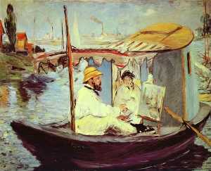 彼のスタジオのボート上のクロード·モネの絵画