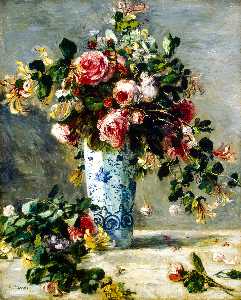 Roses and Jasmin in a Delft Vase