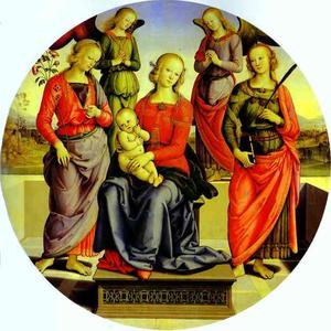 la vierge et enfant entouré par deux anges , St . Rose , et r . Catherine