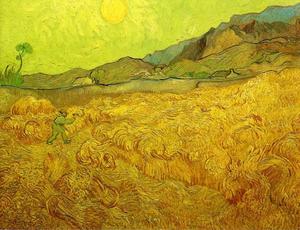 Campos de trigo con el segador en la salida del sol
