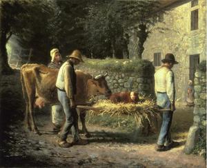 крестьяне приносить домой теленка родился в полях