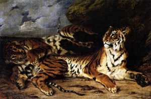 un joven tigre jugando con su madre
