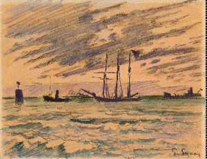 Harbor with Sailboat, Tugboat, and Barge , Circa 1920