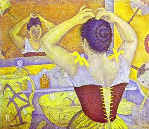 Woman at her toilette wearing a purple corset