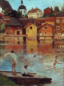 Les garçons qui nagent dans la rivière Porvoo