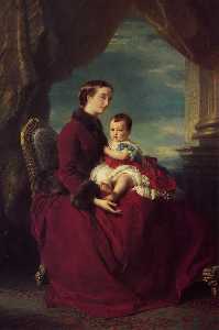 la emperatriz eugenia holding luis napoleón , el príncipe imperial de rodillas