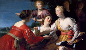Diana Resting After The Hunt, With Shepherdesses And Two Greyhounds, A Landscape Beyond