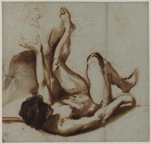 裸体  图  一个年轻的  男子 说谎  在他的 回 , 与他  左 手臂 和腿部 上调