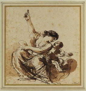 Young mother, seated and pointing, with child