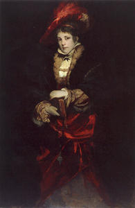 Портрет леди с  Красную  Украшенный перьями  шляпа
