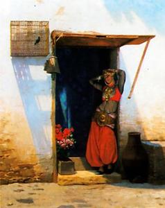 女人 of Cairo  在她的 门