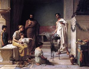 病気の子供がアスクレピオスの神殿に侵入した