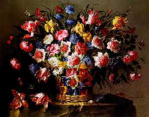 STILL LIFE OF VARIEGATED TULIPS, ROSES, ANEMONE, LOVE-IN-A MIST (NIGELLA), CORNFLOWERS, DAFFODILS AND OTHER FLOWERS