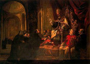 San Ignacio recibiendo la aprobación de las Constituciones del Papa Paulo IV