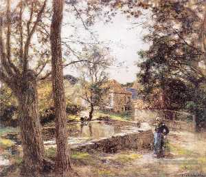 Washerwomen at a Stream with Buildings beyond