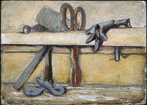 Untitled (still life with mallet, scissors and glove)